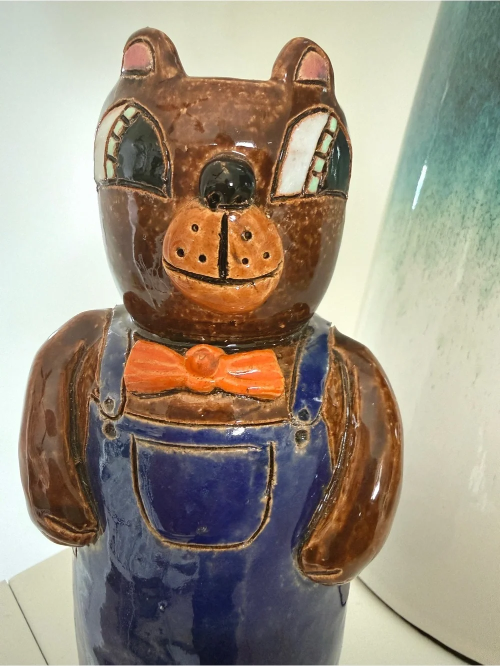 Handmade Pottery Bear Vase Folk Art Blue Overalls Rustic Cabin Decor